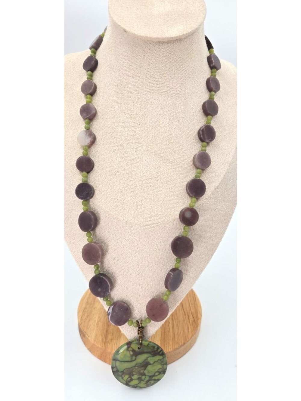 Artisan Natural Stone Statement Necklace Purple Green Beaded Pendant Boho Earthy - Picture 2 of 11